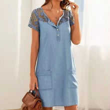 Load image into Gallery viewer, Light Blue Lace Patchwork Denim Mini Dress
