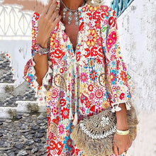 Load image into Gallery viewer, Boho Print Bell Sleeves Tiered Mini Dress
