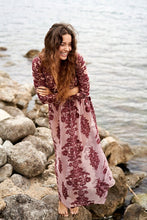 Load image into Gallery viewer, Embroidery Lace Sheer Long Sleeve Deep V Neck Boho Bohemian Beach Dress Gown
