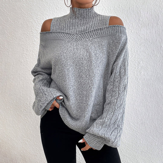 Cold Shoulder Mock Neck Cable Knit Sweater