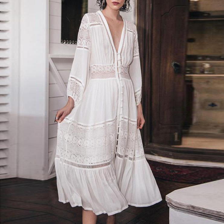 White Lace Hollow Out Midi Dress