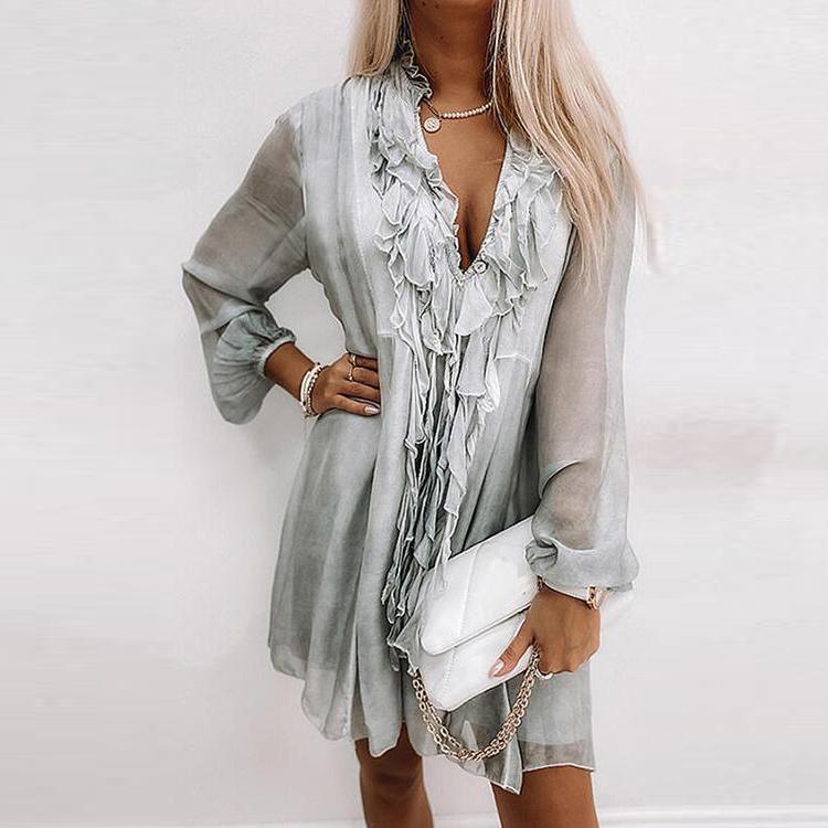 Flowing Ruffles V Neck Mini Dress