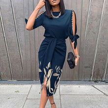 Load image into Gallery viewer, Navy Cold Shoulder Print Pleated Midi Dress
