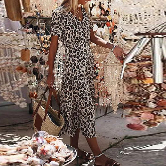 Leopard V-neck Short Sleeve Midi Dress