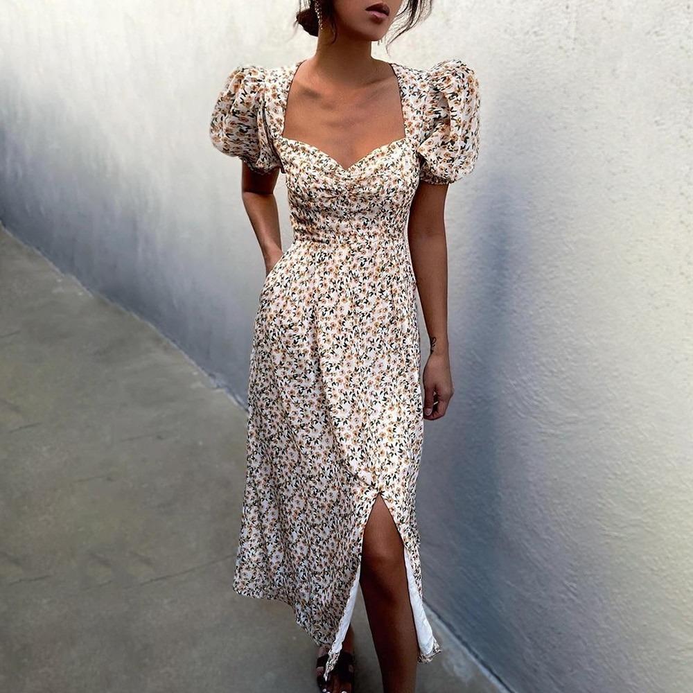 White Floral Split Front Midi Dress