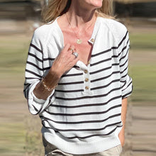 Load image into Gallery viewer, White and Black Stripped Buttons Long Sleeve Sweater
