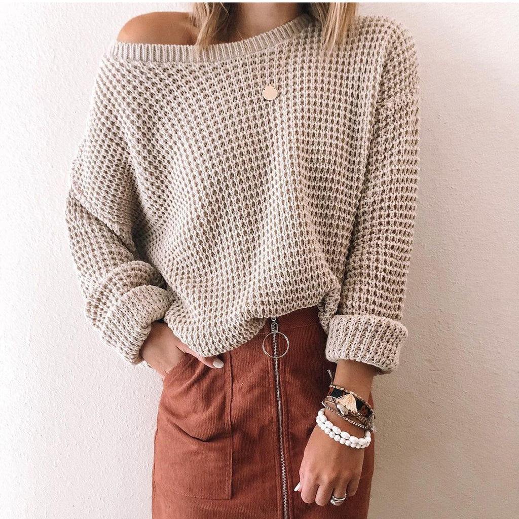 Beige Cold Shoulder Long Sleeve Sweater