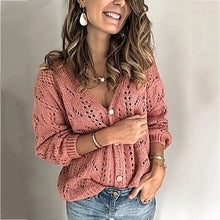 Load image into Gallery viewer, Pink V-neck Long Sleeve Buttons Down Sweater
