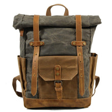 Load image into Gallery viewer, Waterproof College Weekend Travel Laptops Waxed Canvas Leather Roll top Backpack
