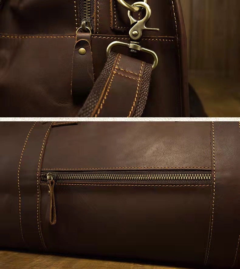 Coffee Full Grain Leather Travel Duffle Weekend Bag