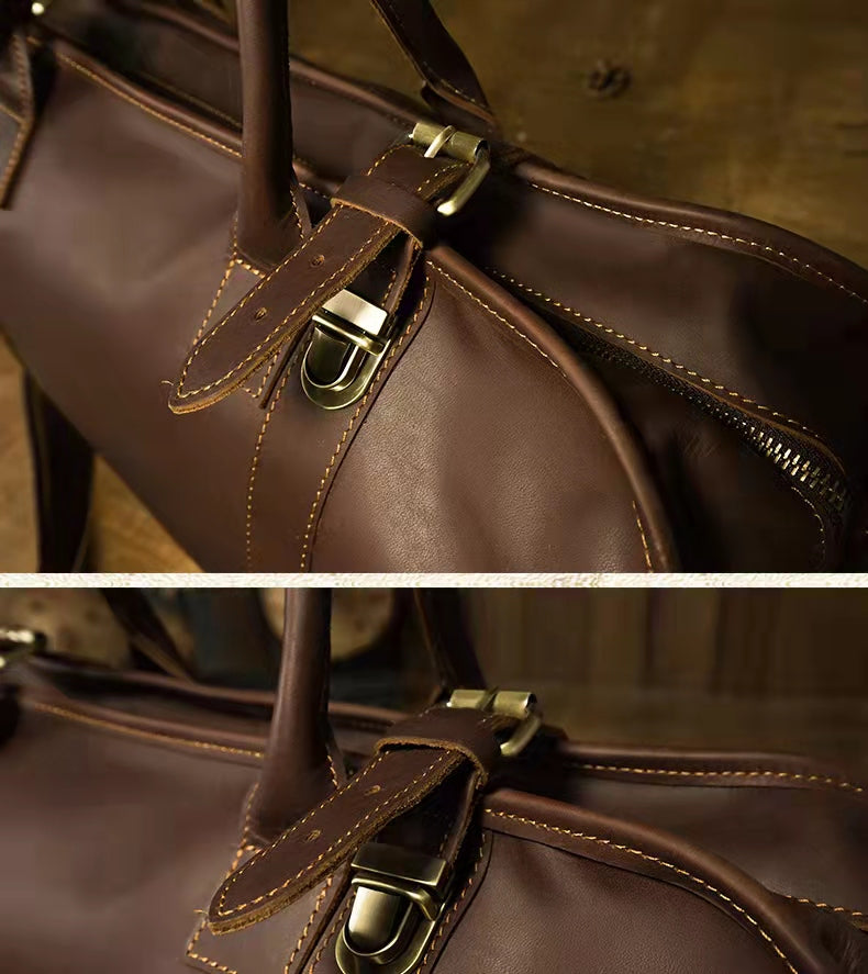 Coffee Full Grain Leather Travel Duffle Weekend Bag