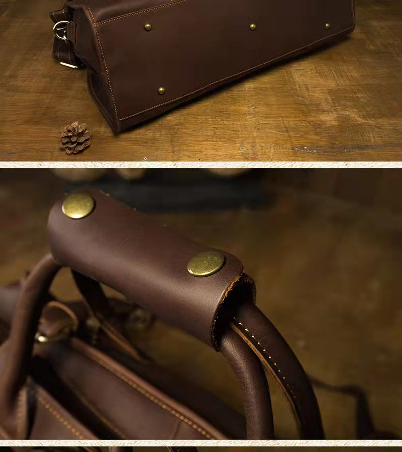 Coffee Full Grain Leather Travel Duffle Weekend Bag