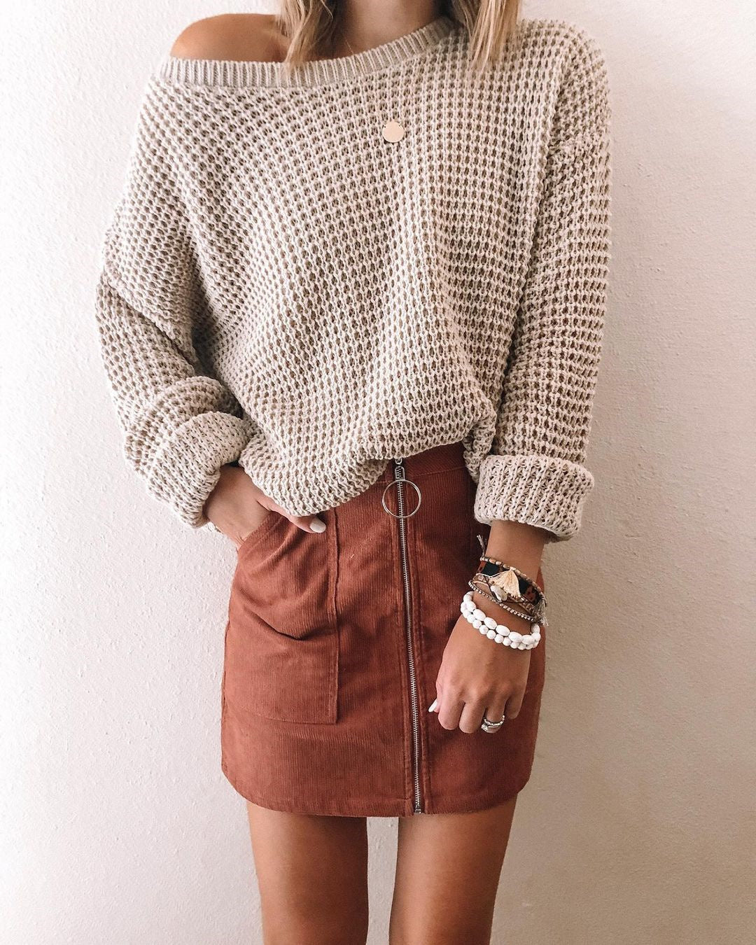 Beige Cold Shoulder Long Sleeve Sweater