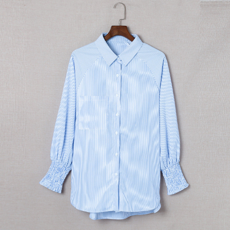 Blue Smocked Cuffed Striped Boyfriend Shirt With Pocket