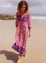 Load image into Gallery viewer, Boho Tie Neck Long Sleeve Maxi Day Dress
