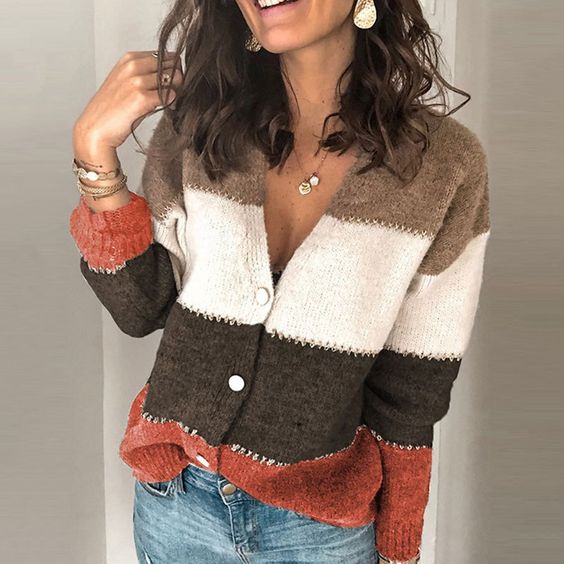 V Neck Button Color Block Cardigan