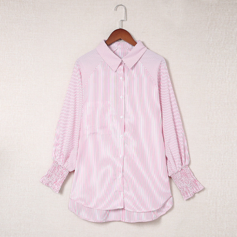 Blue Smocked Cuffed Striped Boyfriend Shirt With Pocket