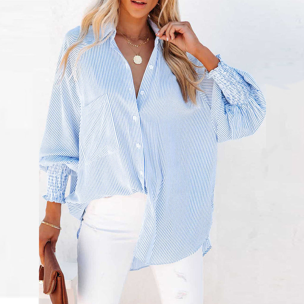 Blue Smocked Cuffed Striped Boyfriend Shirt With Pocket
