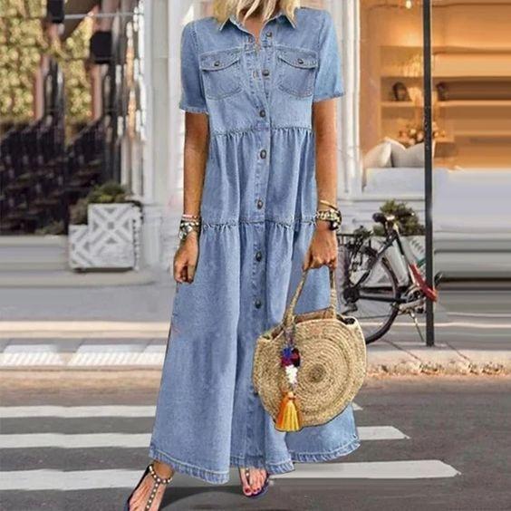 Blue Collar Short Sleeve Pockets Tiered Denim Maxi Dress