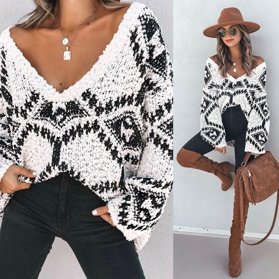 Geo Knitted V-neck Long Sleeve Sweater