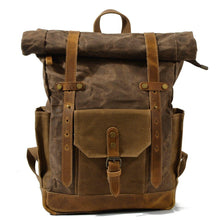 Load image into Gallery viewer, Waterproof College Weekend Travel Laptops Waxed Canvas Leather Roll top Backpack
