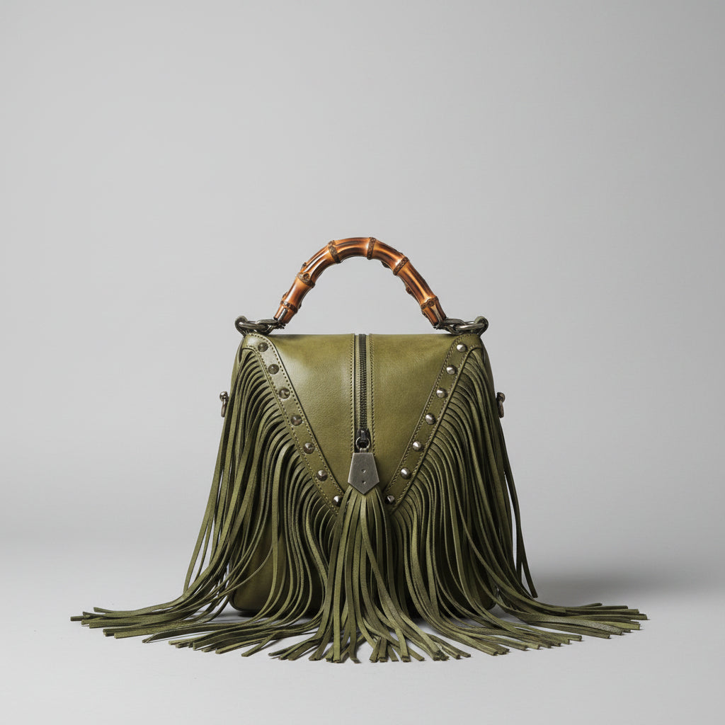 A green genuine leather handbag with fringe detailing and a shoulder strap, displayed against a concrete background.