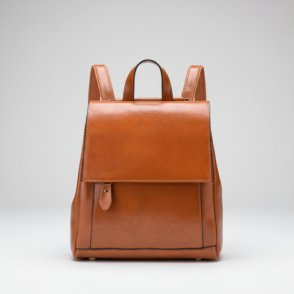 Brown leather backpack on a white background