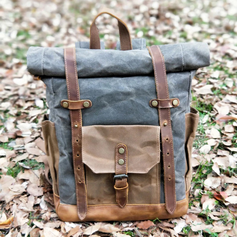 Waterproof College Weekend Travel Laptops Waxed Canvas Leather Roll top Backpack
