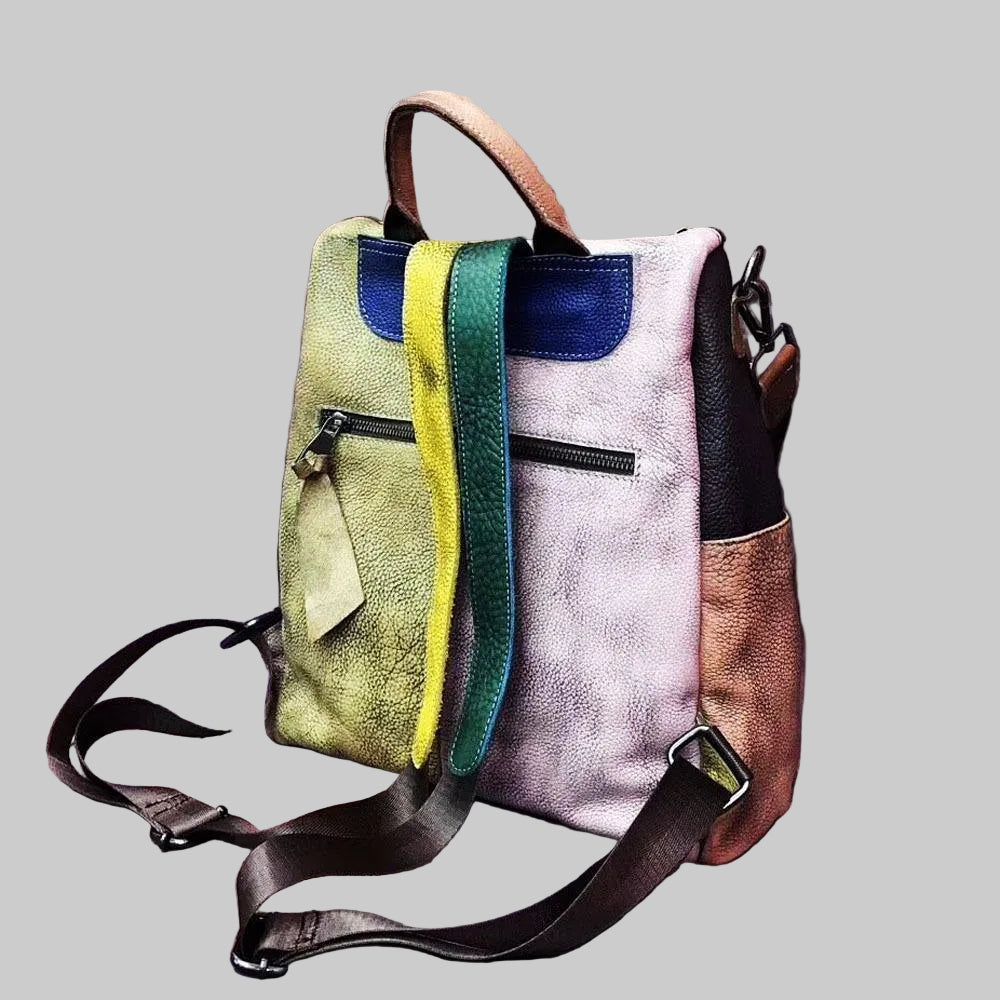 Colorful Patchwork Top Grain Leather Backpack