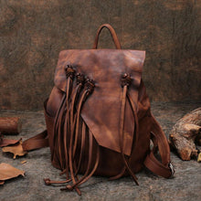 Load image into Gallery viewer, 13&quot; Medium Ladies Brown Leather Fringe Backpack Purse Cool Book Bags for Women
