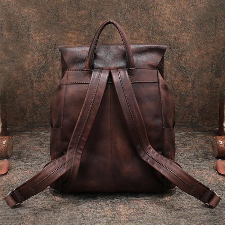 13" Medium Ladies Brown Leather Fringe Backpack Purse Cool Book Bags for Women