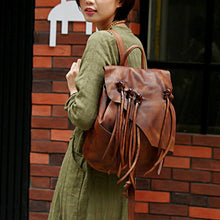 Load image into Gallery viewer, 13&quot; Medium Ladies Brown Leather Fringe Backpack Purse Cool Book Bags for Women
