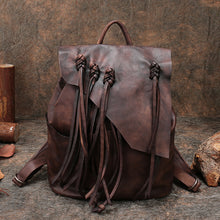 Load image into Gallery viewer, 13&quot; Medium Ladies Brown Leather Fringe Backpack Purse Cool Book Bags for Women
