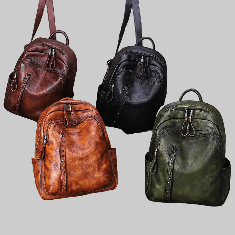 Distressed Coffee Studded Full Grain Leather Backpack