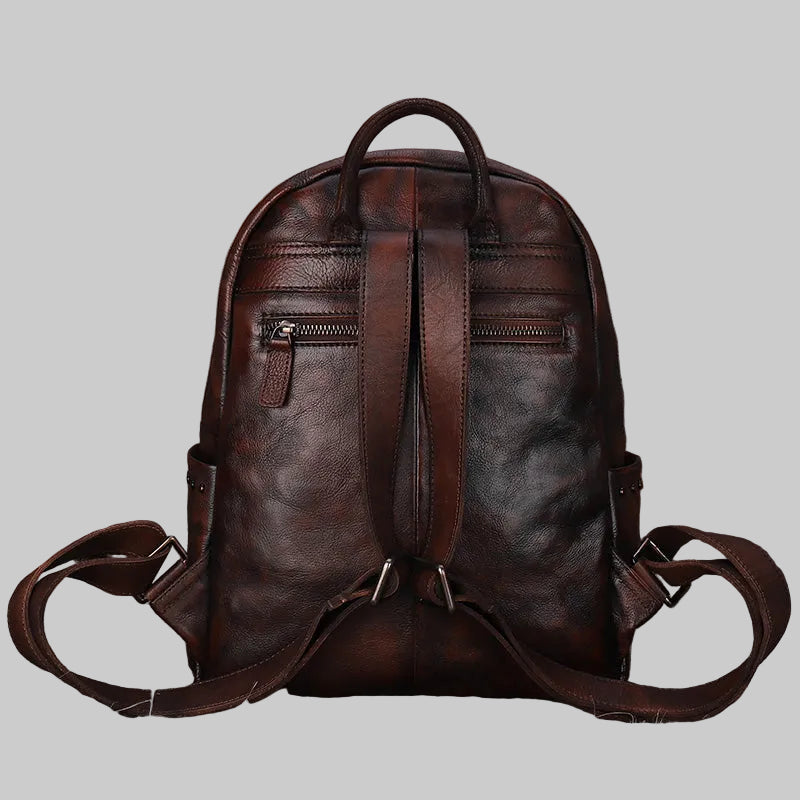 Distressed Coffee Studded Full Grain Leather Backpack