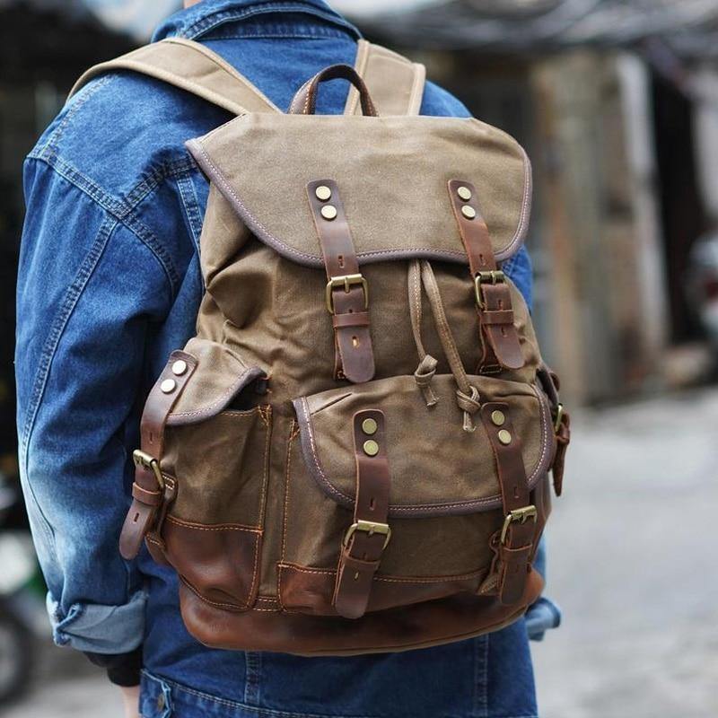 Vintage Canvas Backpack Waterproof Traveling Hiking Rucksack