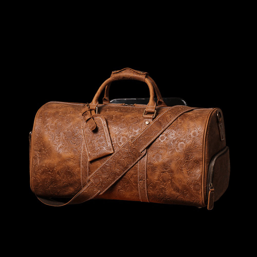 Brown Embossed Full Grain Travel Weekender Leather Duffel Bag