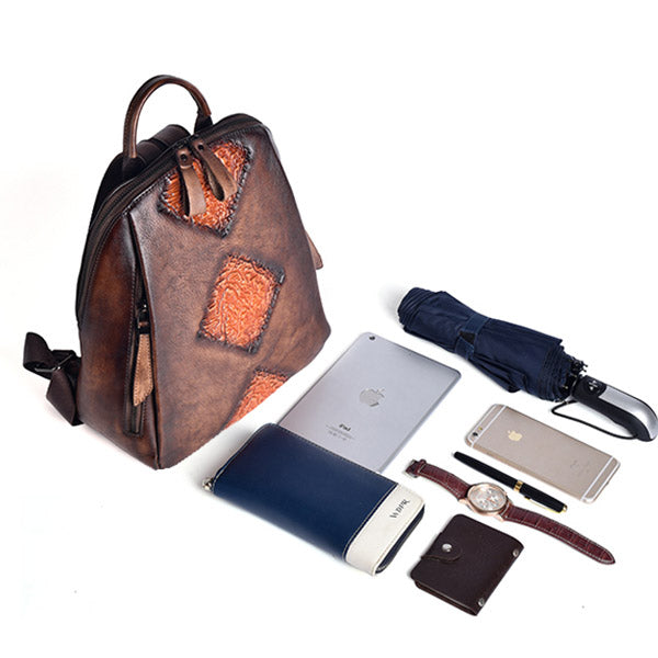 Womens Funky Brown Leather Backpack Purse Vintage Backpacks for Women