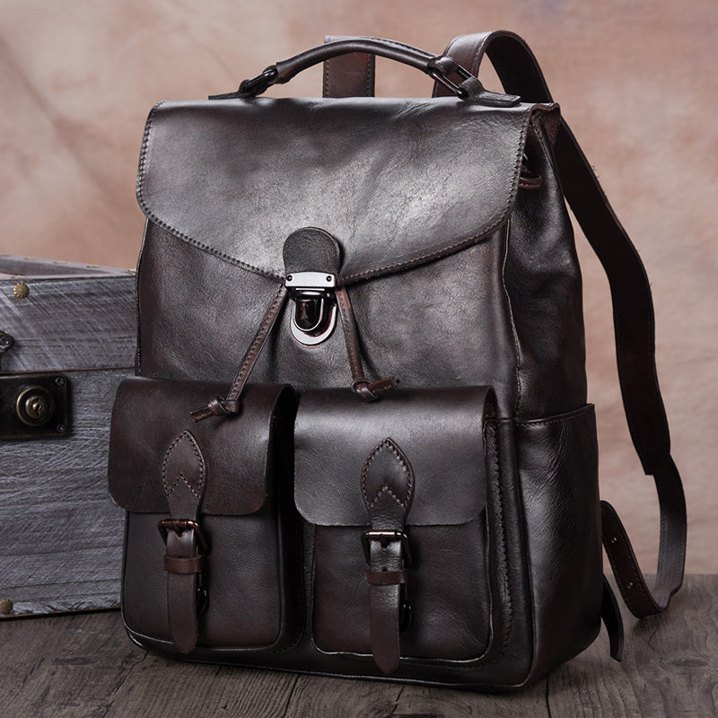 Funky Womens Square Genuine Leather Backpack Purse 14" Laptop Bag for Women
