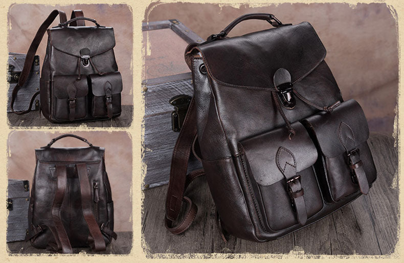 Funky Womens Square Genuine Leather Backpack Purse 14" Laptop Bag for Women