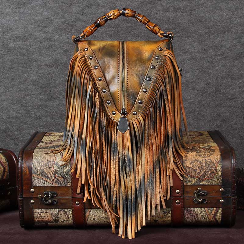 Dreamweaver Genuine Leather Crossbody Purse Boho Fringe Indian
