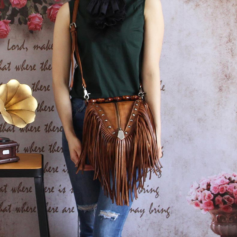 Womens Boho Leather Fringe Crossbody Handbags Small Purses Bags for Women