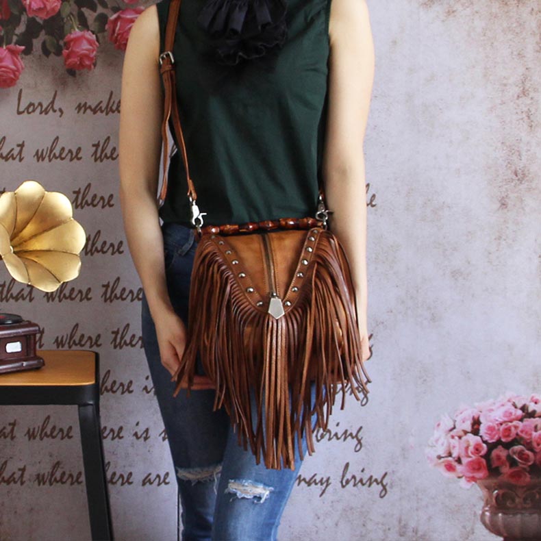 Womens Boho Leather Fringe Crossbody Handbags Small Purses Bags for Women