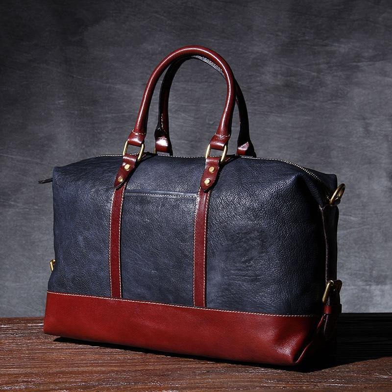 Color Block Full Grain Leather Travel Bag