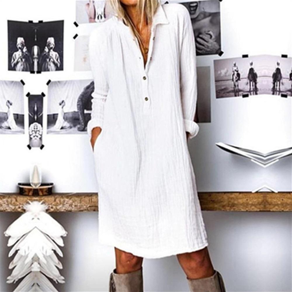 White Buttons Collar Long Sleeve Dress