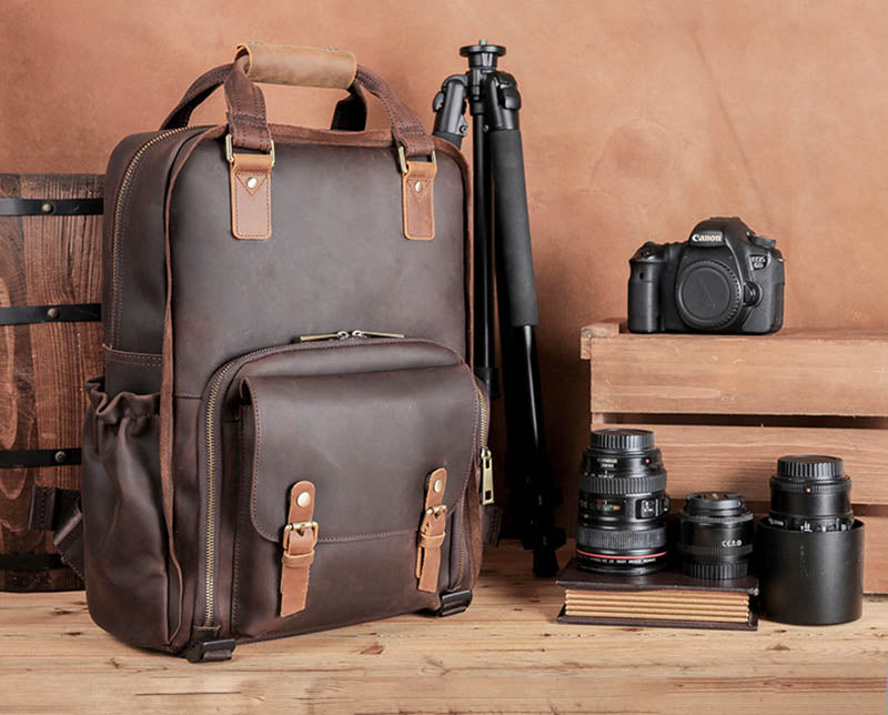Simple Tripod Holder  Large Leather Backpack Camera Bag