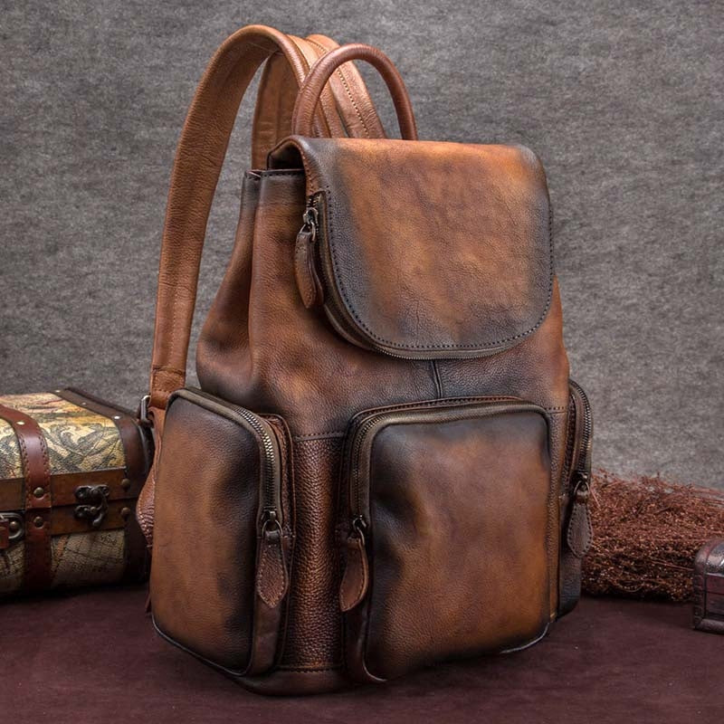 Vintage Womens Brown Leather Backpack Purse Designer Laptop Book Bag for Women