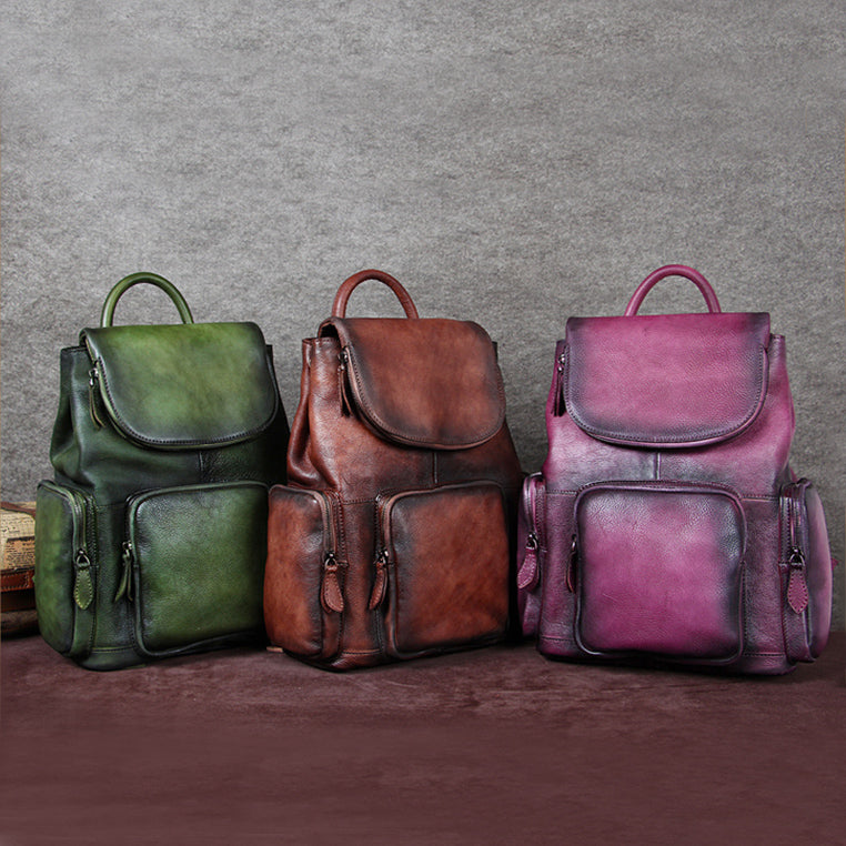 Vintage Womens Brown Leather Backpack Purse Designer Laptop Book Bag for Women