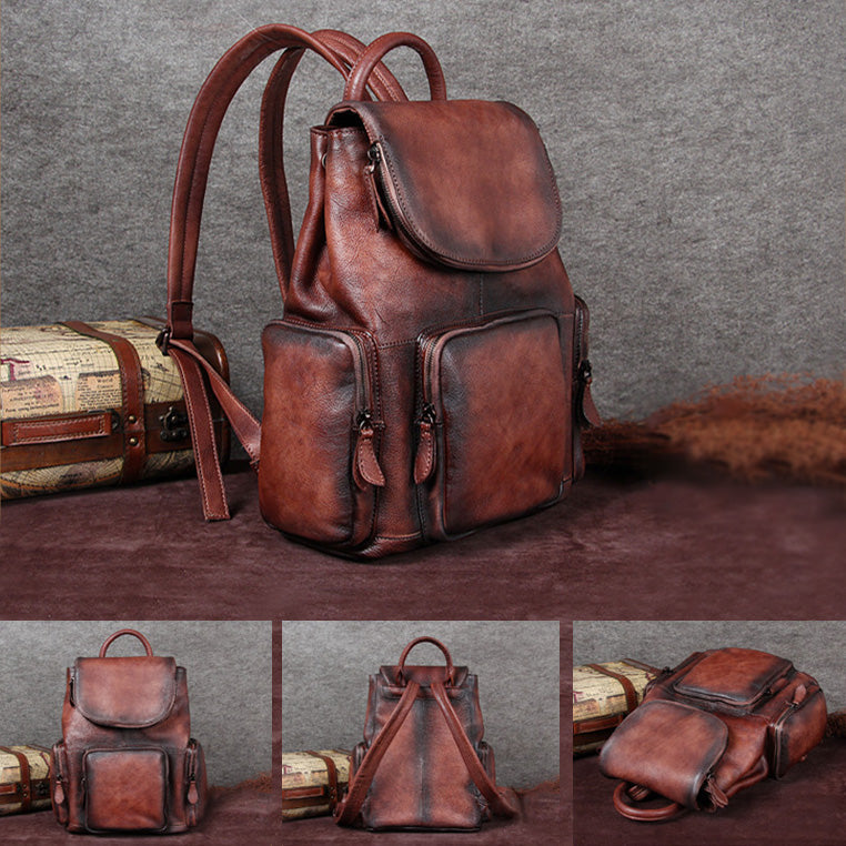 Vintage Womens Brown Leather Backpack Purse Designer Laptop Book Bag for Women