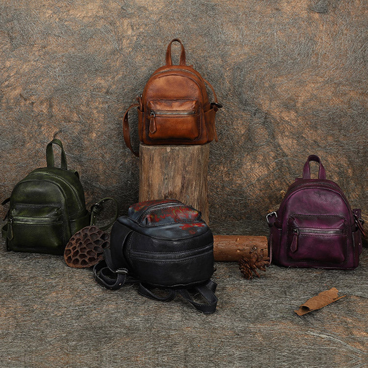 Cute Womens Mini  Brown Small Leather Backpack Bag Purses for Women